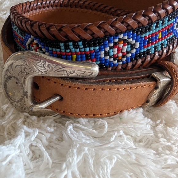 Eddie Bauer Beaded Leather Belt In Brown Leather By Eddie Bauer - Picture 1 of 7